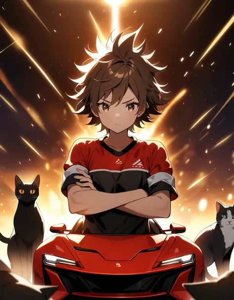 Red sports car, brown eyes, standing with arms crossed, spiky hair, brown hair, cat, dazzling light