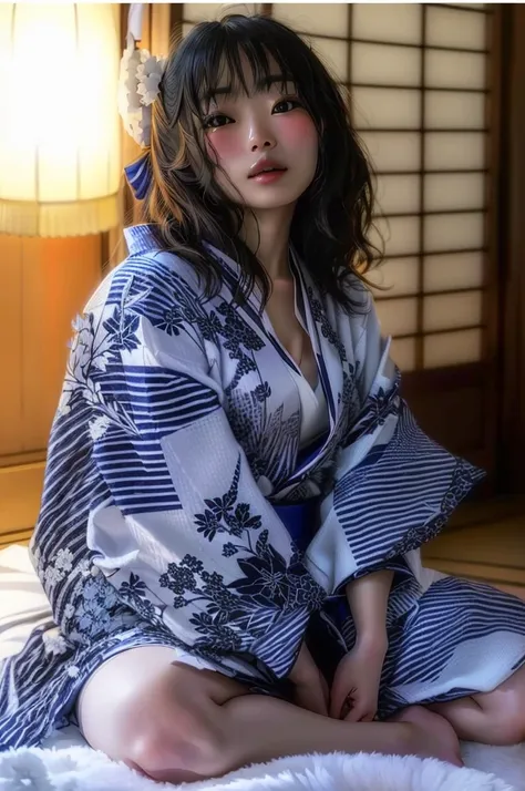 araffe asian woman in a kimono sitting on a bed, in kimono, in a kimono, wearing kimono, yukata, classy yukata, wearing a kimono, Japanese Model, japanese kimono, kimono, Traditional Japanese, Japanese style, Japanese women, wearing a simple robe, Japanese...