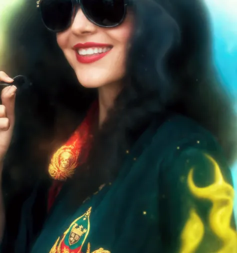 smiling woman in sunglasses holding a cell phone in her hand, profile image, profile photo, wearing versace sunglasses, wearing hogwarts!!! robes!!!, not blurry, profile shot, profile picture, avatar image, profile pic, wearing a marijuana t - shirt, weari...