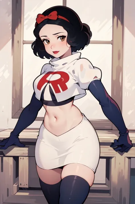 1girl, solo,   snowwhite, short hair, black hair, smooth hair, brown eyes, lipstick, red lipstick, pale skin, hair bow, hairband...