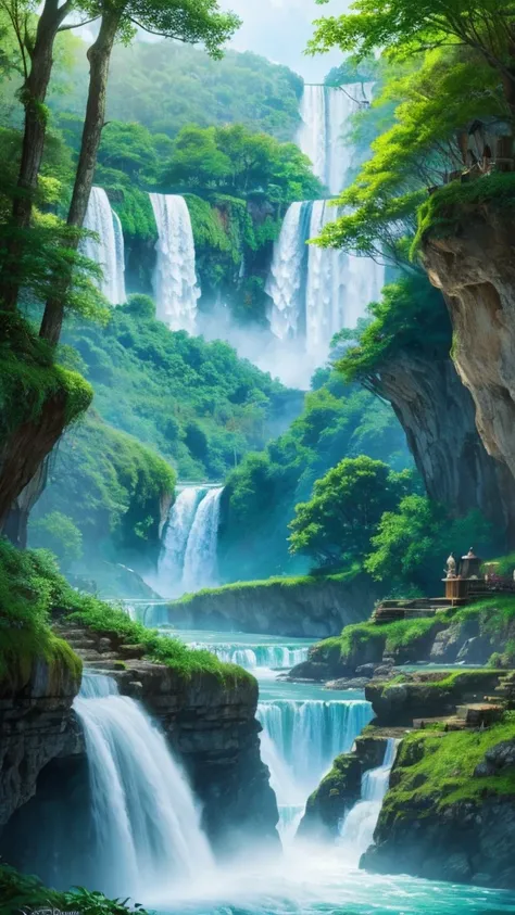 Imagining Niagara Falls in a Studio Ghibli style with an ancient and mystical vibe could create a truly enchanting visual experience. Here are some elements to consider:

1. **Background Setting**:
   - Ancient forests and mystical natural landscapes.
   -...