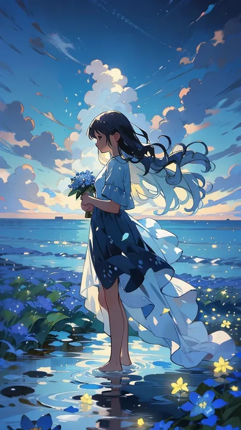 4. A sea of blue flowers：Woman standing in a sea of blue flowers，Blue petals swaying in the breeze。Her presence adds an ethereal beauty to the scene，Her serene expression reflects the tranquility of the nature around her。