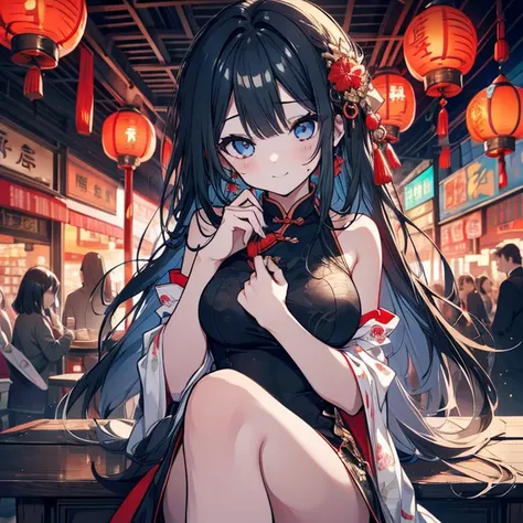 1 girl、Mature、Ample breasts、Long Hair、Trimmed hair、Shiny black hair、Light blue eyes、Slanted Eyes、A seductive smile、China dress、浅葱色のChina dress、Mini length、husk tomato、husk tomatoのピアス、dusk、Chinatown、The lantern shines、sit、Deep slit、High resolution、Highest q...