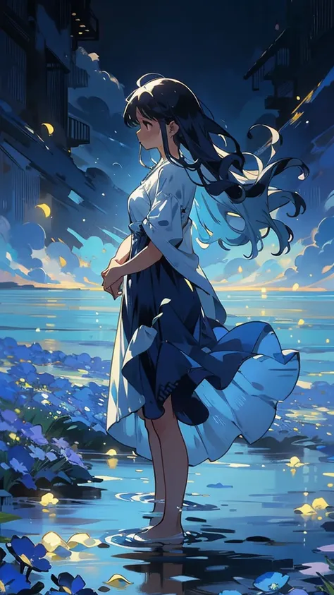 4. A sea of blue flowers：Woman standing in a sea of blue flowers，Blue petals swaying in the breeze。Her presence adds an ethereal beauty to the scene，Her serene expression reflects the tranquility of the nature around her。