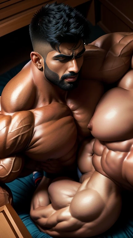 two indian muscular men doing more hot body playing couple entwined with Pain is raging on the face, and making aggressive face expressions, from above view, musclebound and hulking, muscular bodies, large muscles, very beautiful body playing, seductive bo...