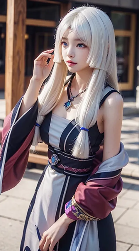 kagura mobile legends, long white hair, gentle scarlet colored eyes, necklace