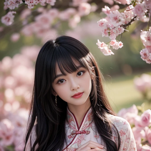 best quality, Delicate face，beautiful visual work, lifelike, eternity, black hair, Long curly hair, blunt bangs, Smile, Detailed Background, Delicate face，pink blush，cold，((masterpiece))、(top quality)、8k、high detail、Super detailed，21 years old female，Weari...