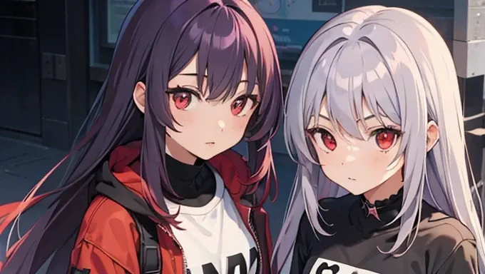 Two girls (one tall Anime Girl 2d Long Hair Loose Purple-Grayish, Age Adulthood adult, White Scleriotica) (second short girl with red hair, red eyes, Rockstar clothes) 