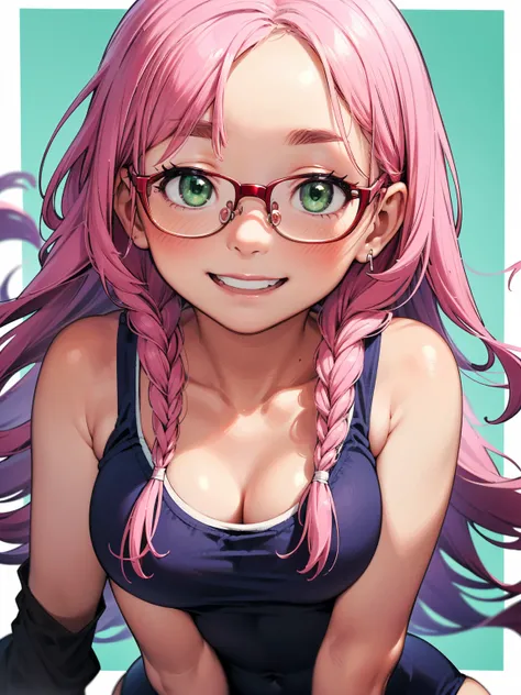 8K quality,(super masterpiece:1.3),Highest quality,Detailed Images,1 female,symmetrical beauty,10th Generation,Medium build,(smile,smile),(Pink Hair,Long Hair,Two braids),(Thick eyebrows,Thick eyebrows),(Droopy eyes,Green Eyes,Green Eyes,Bright Eyes),(Red ...