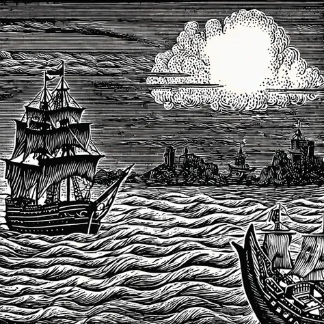 (black and white woodblock prints:1.5)、(black and white 2nd floor)、medieval european fantasy、pirate ship vs navy battleship batt...