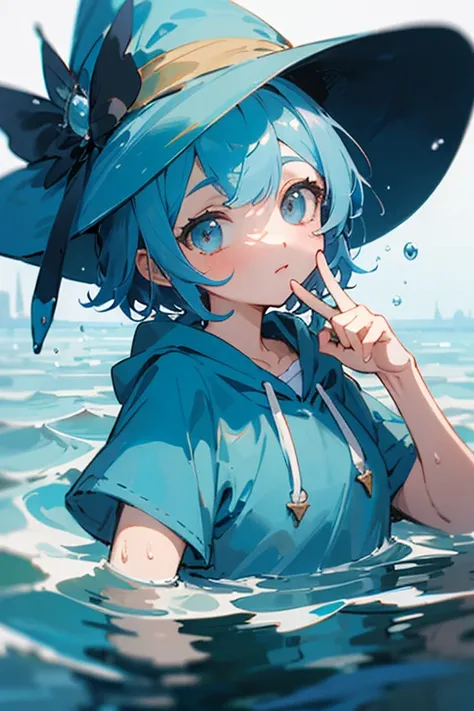 ((Highest quality))　((masterpiece))　Perfect Face　Blue Hair　Short Hair　Odd Eye　An illustration　Wearing a light blue hoodie　One person　In the sea　Swimming　neutral　Hair fluttering　Highest quality　middle School girls　Her hair is fluttering　In the water　Witch H...