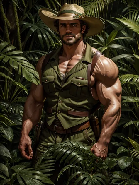 araffe man in a hat and vest standing in a jungle, portrait shot, in a jungle environment, still from a live action movie, matte...