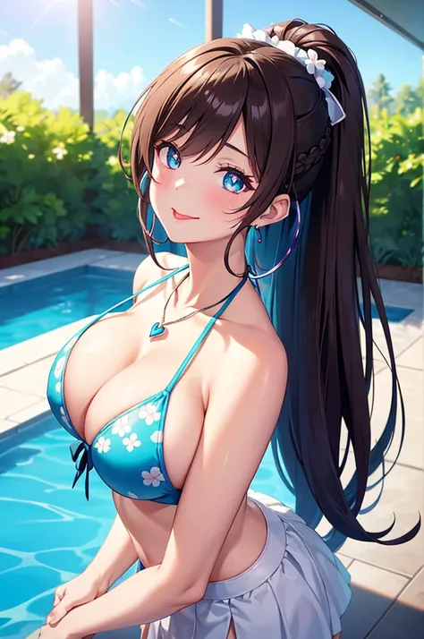 A beautiful girl in bikini walking next to a pool, 20 year old girl, anime girl, royal blue bikini printed with white flowers, filly bikini with microskirt, solo, looking to the side, big rounds breasts, dark brown hair, gradient bangs, long hair, hair ove...