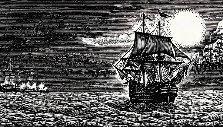 (black and white woodblock prints:1.5)、(black and white 2nd floor)、medieval european fantasy、pirate ship vs navy battleship batt...