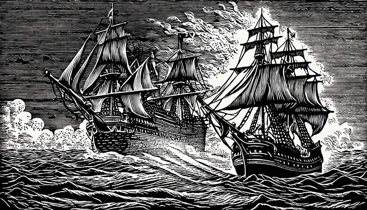 (black and white woodblock prints:1.5)、(black and white 2nd floor)、medieval european fantasy、pirate ship vs navy battleship batt...