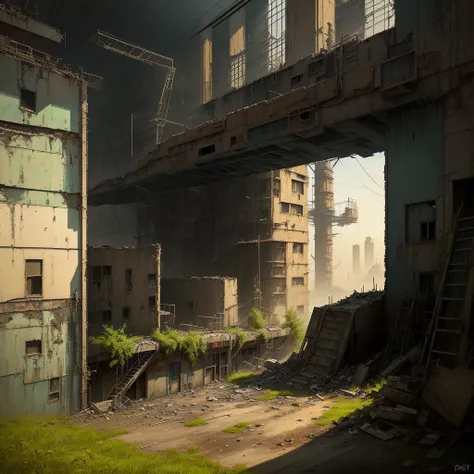 There is a photo of a building with many windows, post-apocalyptic factory, post apocalyptic scene, by senior Environmental artist, Post-apocalyptic atmosphere, [[Empty Warehouse]] background, post apocalyptic background, Environmental art, Post-End Day Se...