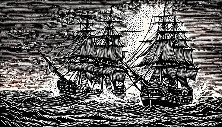 (black and white woodblock prints:1.5)、(black and white orange３floor)、medieval european fantasy、pirate ship vs navy battleship b...