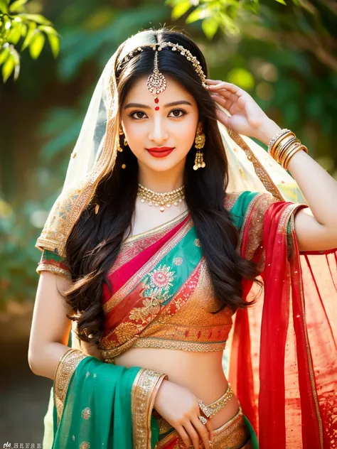 saree,posing in a colorful garden,golden sunlight,soft shadows, vibrant colors, henna tattoos, alluring eyes, seductive smile, flowing hair, elegant jewelry, intricate mehndi designs, sensual movements, graceful posture, traditional Indian earrings, pristi...