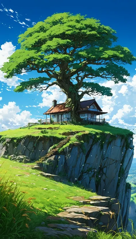 a house under a big tree near a cliff ,leftovers from the tree, seeing a vast blue sky with white fluffy clouds and bright edges and brush strokes , tall grasses stones, , makoto shinkai cyril rolando, anime art wallpaper 4k, anime art wallpaper 4k, animat...