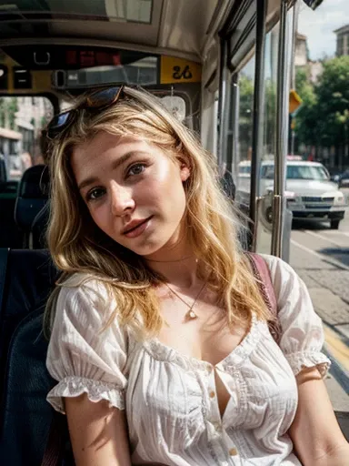 young girl, Elisabeth Stewart, energetic, blonde, European, has a large nose, flushed cheeks, open short blouse, summer clothes, in the bus, relaxed, photographic style, close, looking at me