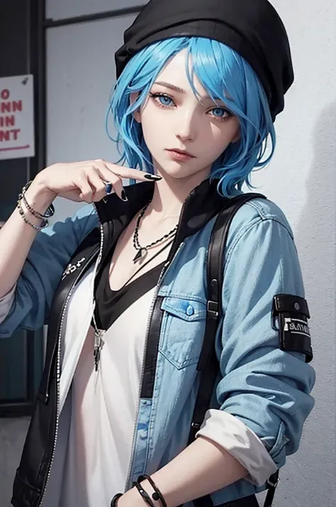 1 girl, chloe price, fair skin, blue eyes, short blue hair, black cap, open jacket, white shirt, bracelet, black nails, chloe lo...