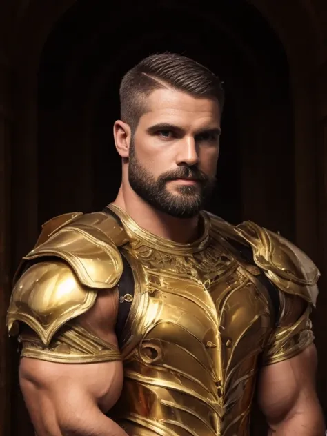 handsome white man in golden armour, golden chestplate, 30 years old, bodybuilder, gold armour, red clothing under armour (front...