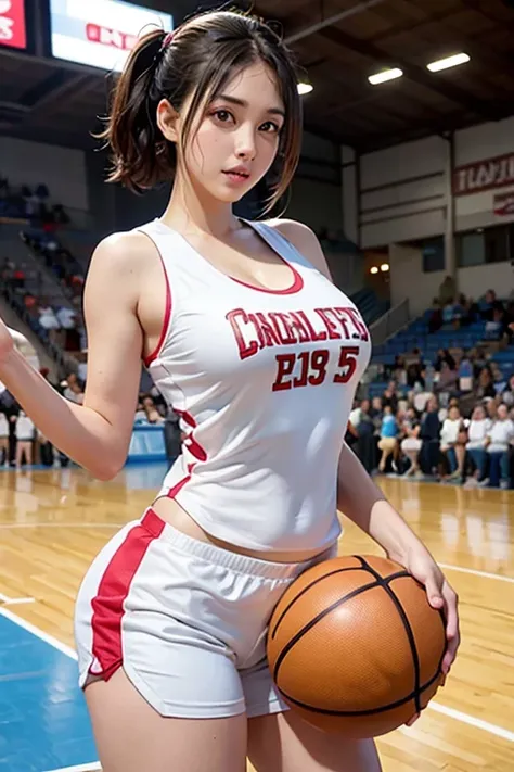 4K，masterpiece，High resolution，Very complicated，Realistically，((Sweaty 1.5))，((Shiny skin 1.5))， whole body，Summer noon， Play basketball，Basketball Pose，Basketball Uniform，Thighs， 1990s（style），White skin，(Sweaty cleavage 1.2)， (Highest quality), (High reso...