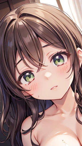 nozomitoujou, Nozomi-san is always, Green Eyes, Brown Hair, Short Curly Hair, Large Breasts, masterpiece, Highest quality, High resolution, Beautiful attention to detail, Highly detailed face, Good lighting, Detailed CG, Messy Hair, Glossy Lips, naked、Long...