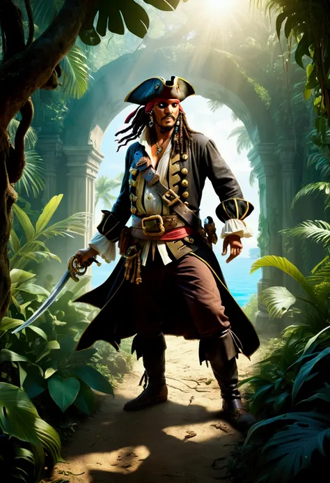 (Pirate War), On a forgotten tropical island, pirates clash in search of a legendary treasure. In the dense jungle, sunlight shines through the tree canopy, casting dappled shadows. A group of fully armed pirates are crossing the vine entwined path, chasin...