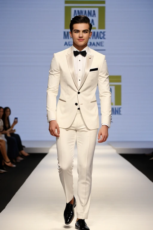  Young cute handsome mister suprano perfect face white suit catwalk at pageant