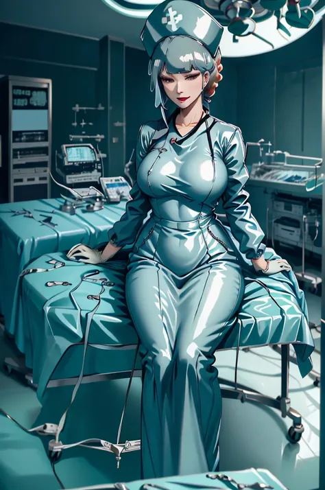 nurse uniform,hospital, latex nurse suit,nurses,busty,elbow gloves,labcoat,grey hair woman,red eyes , gigantic ,medical instrume...