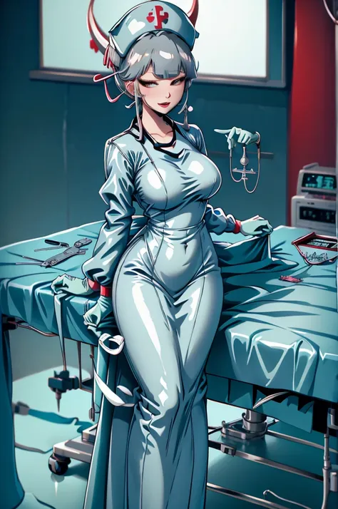 nurse uniform,hospital, latex nurse suit,nurses,busty,elbow gloves,labcoat,grey hair woman,red eyes , gigantic ,medical instrume...