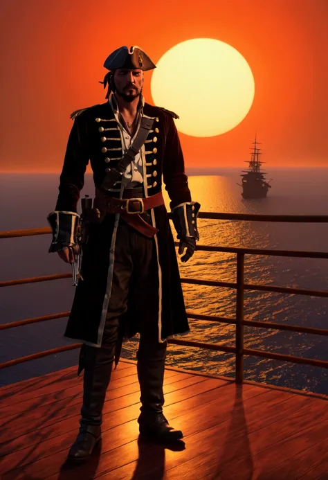 (Pirate War), The first ray of sunshine in the morning shines on the sea level, and two pirate fleets meet in the golden dawn. The sky presents a faint orange red color, and the sea surface is sparkling, reflecting the light of the rising sun. The flagship...