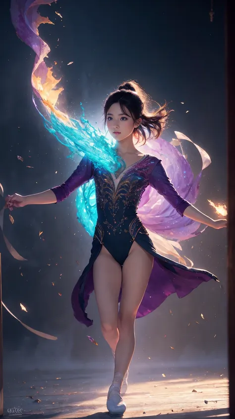 ((Paris Olympic background)), ((Full body)), (((perfect anatomy))),(((Ulzan 6500))),Dynamic portraits、Capture a beautiful Japanese skating ballet dancer in the middle of a leap, Frozen in breathtaking moments of elegance. The subjects graceful poses and fl...