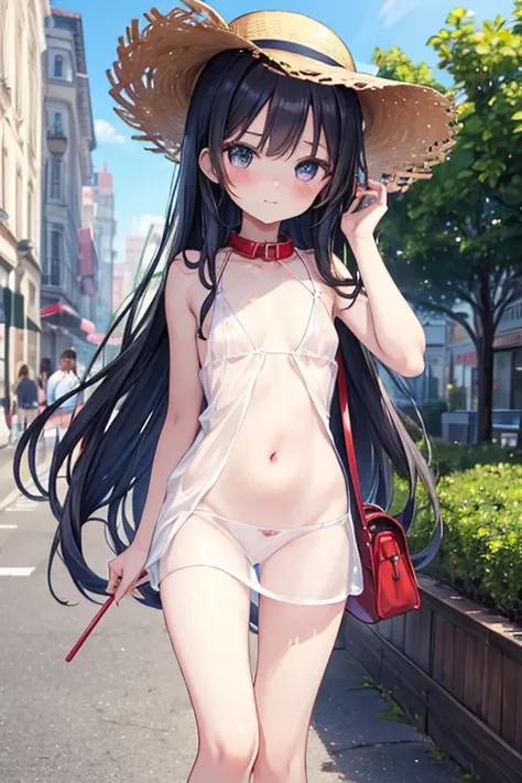 (masterpiece), Highest quality, One Girl, 8-year-old girl, pretty girl, Flat Chest, Black Hair, Very long hair, She is looking towards the viewer, She is wearing a bright red leather collar., 
she is wearing a mini dress, Pure white clothes, Clothes withou...