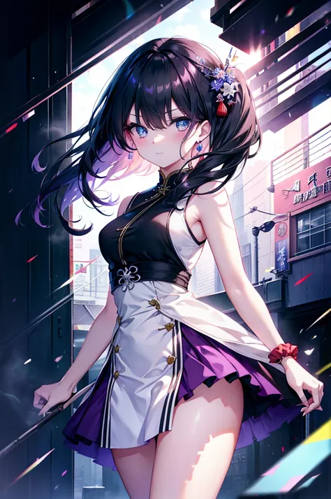 takada rokka, rich back lane, black hair, blue eyes,long hair, list scrunchie,smile,blush,sleeveless purple white chinese dress,...