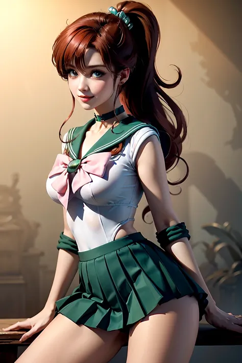 masterpiece, Highest quality, High resolution, Super detailed, smile, Woman with long red hair and bangs, ponytail,Bright Blue Eyes, Long eyelashes,eye shadow,Pale pink blush,Beautiful girl, Golden tiara on the forehead,choker,Sailor Warrior Uniforms,Green...