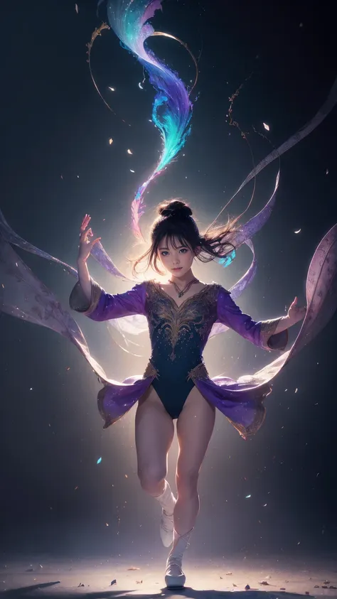 ((Paris Olympic background)), ((Full body)), (((perfect anatomy))),(((Ulzan 6500))),Dynamic portraits、Capture a beautiful Japanese skating ballet dancer in the middle of a leap, Frozen in breathtaking moments of elegance. The subjects graceful poses and fl...