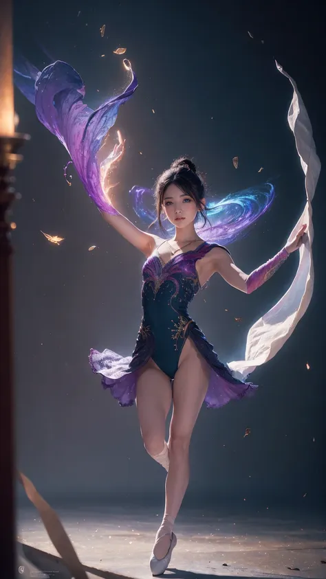 ((Paris Olympic background)), ((Full body)), (((perfect anatomy))),(((Ulzan 6500))),Dynamic portraits、Capture a beautiful Japanese skating ballet dancer in the middle of a leap, Frozen in breathtaking moments of elegance. The subjects graceful poses and fl...