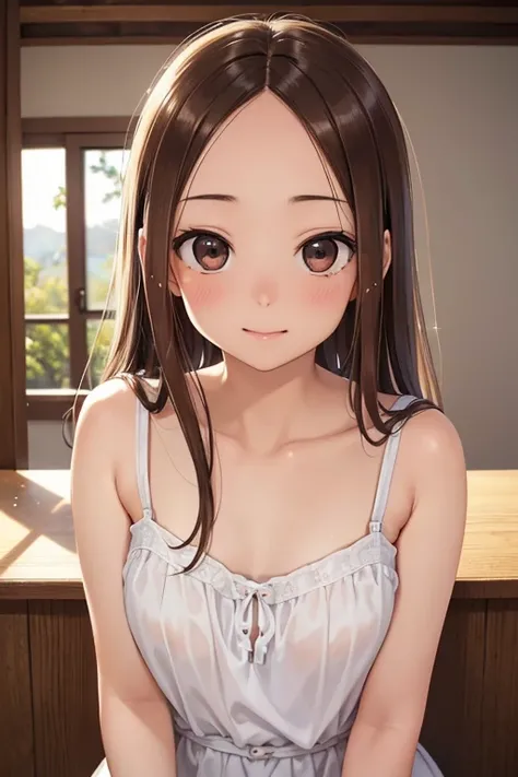 Takagi-san、Shiny brown hair, Long Hair,((Medium chest、Forehead、Center part))、 Beautiful brown eyes、smile、Sparkling eyes, (fine grain)、Very fine eye、Very detailedな顔, Very detailedな目, Cowboy Shot、 


(masterpiece:1.3, Highest quality, Ultra-high resolution, ...