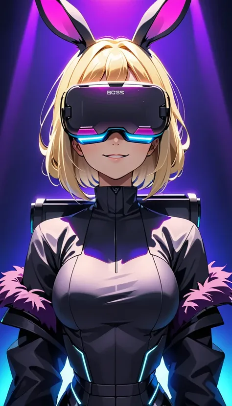 1 rabbit, dark purple fur, blonde hair, smirk.,wear vr glasses ,look at the viewer directly in front of you.,rgb color set,sci-f...