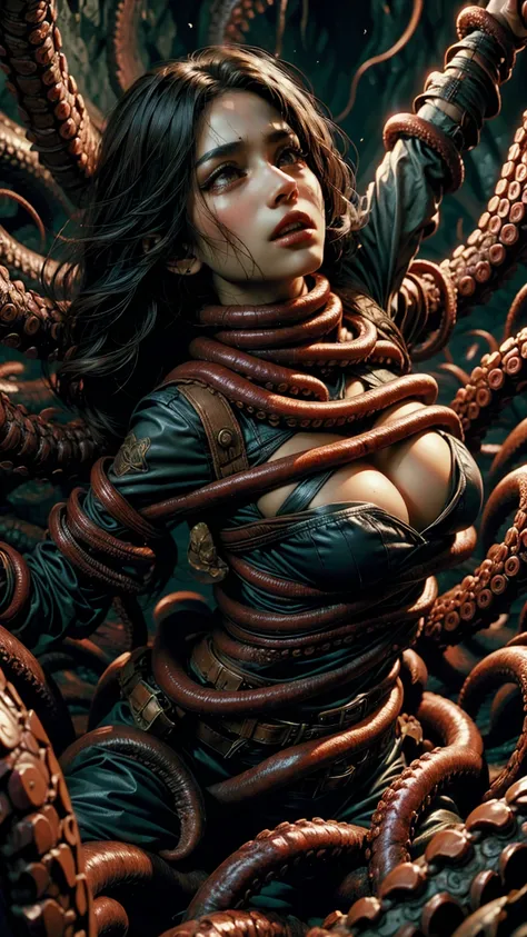 lots of tentacles attached to the girl's chest, best quality, masterpiece, super high resolution, (realism: 1.4)