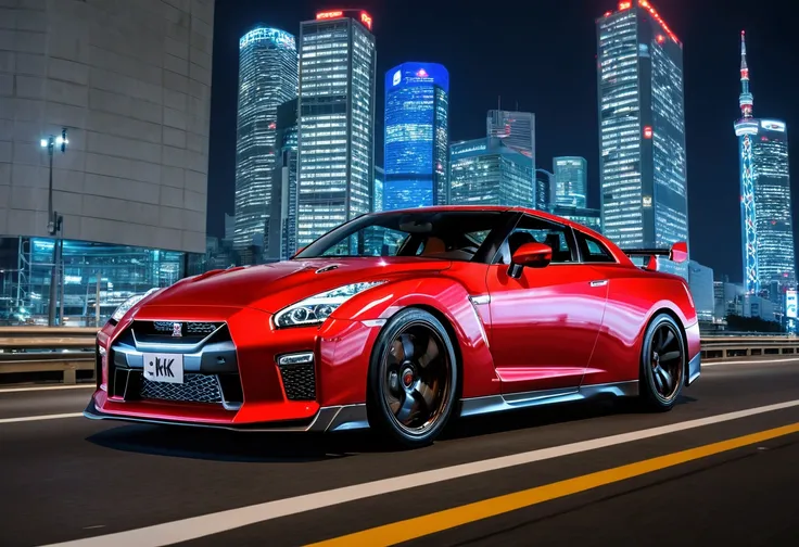 (Highest quality, 8k, masterpiece :1.2), Ultra-realistic, A detailed red Nissan GTR R35, Speeding on the highway, (To the audience), Blue skyscrapers in the background,Tokyo Night,circuit