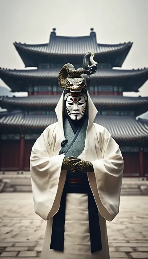 realistic photo, cinematic, gyeongbokgung palace background, wearing a white hood in traditional korean clothing, wearing a trad...