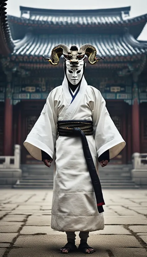 realistic photo, cinematic, gyeongbokgung palace background, wearing a white hood in traditional korean clothing, wearing a trad...