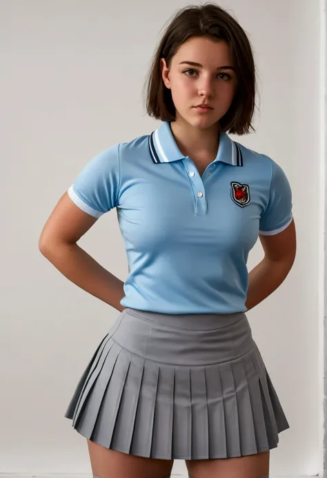 17 year old, firm bust, big bum, short brunette hair, in grey pleated hockey skirt, pale blue polo, sweaty. poking nipples