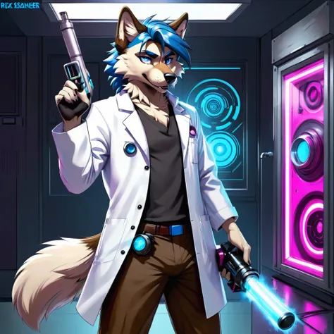 sexy wolf, male, furry, blue white, and fuchsia, rick sanchez, black eyes, blue hair, white lab coat, brown pants,(score_9,score...