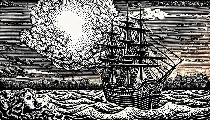 (woodblock print:1.5)、medieval european fantasy、pirate ship vs navy battleship battle、the background is a burning ship and a cor...