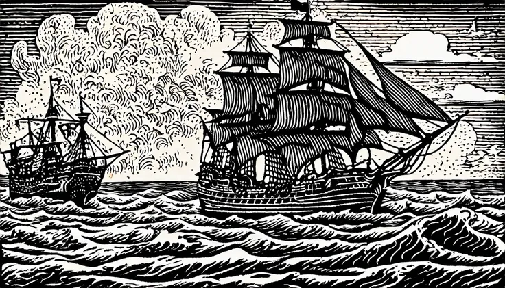 (woodblock print:1.5)、medieval european fantasy、pirate ship vs navy battleship battle、the background is a burning ship and a cor...