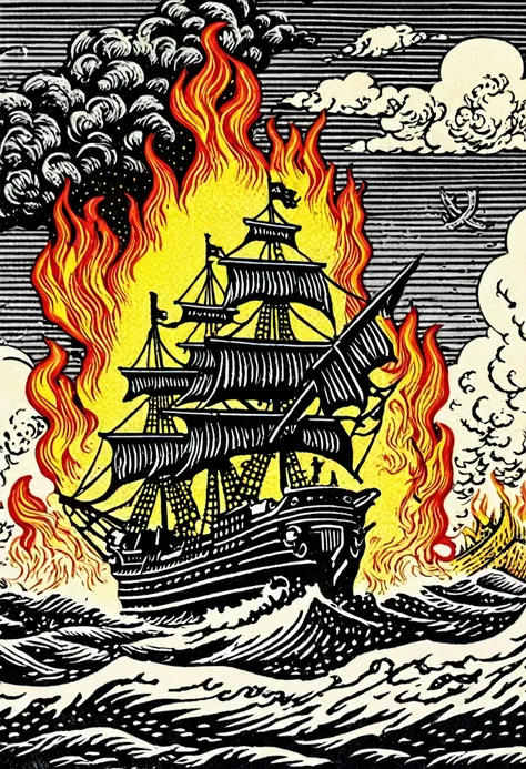 (woodblock print:1.5)、fullcolor、medieval european fantasy、pirate ship vs navy battleship battle、the background is a burning ship...